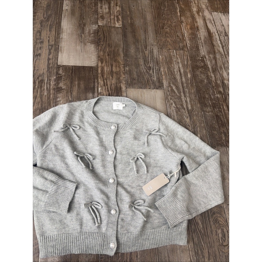 Luna Ivy Anthropologie Cardigan Sweater Women's Small Gray Pearl Button Bow Knit
